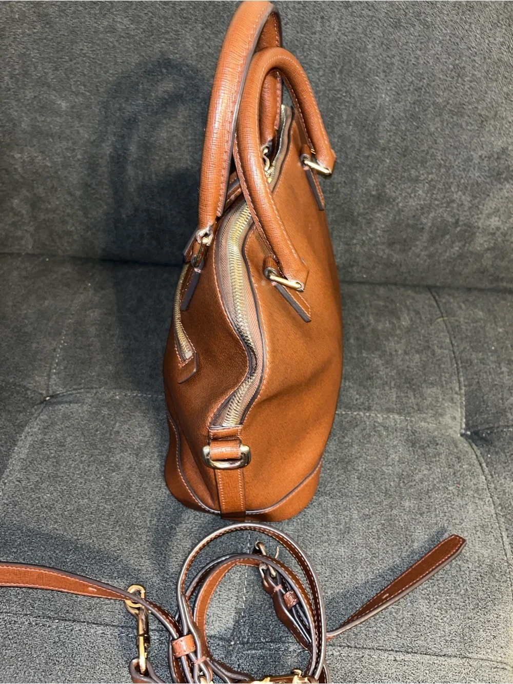 DOONEY & BOURKE SAFFIANO ZIP DOME SATCHEL IN LIGHT BROWN IALIAN LEATHER